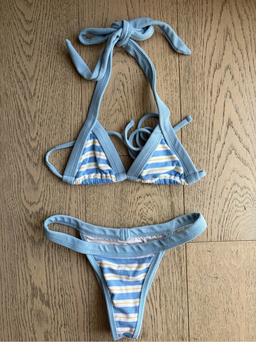 Frankie's Bikinis Light Blue & White Striped Triangle Bikini with Yellow Accents